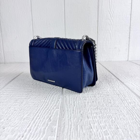 Rebecca Minkoff Chevron Quilted Love Crossbody Bag Blue Leather Chain Shoulder - Picture 6 of 12